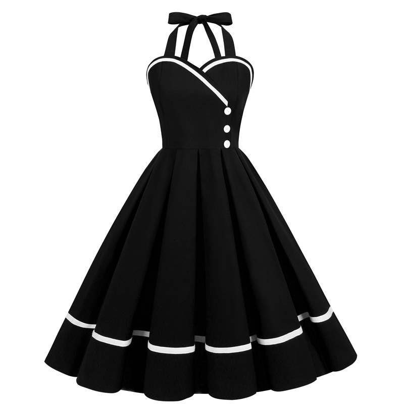 Retro 50S Womens Vintage Spliced Halter Sleeveless A-Line Dress Ponchy Dress